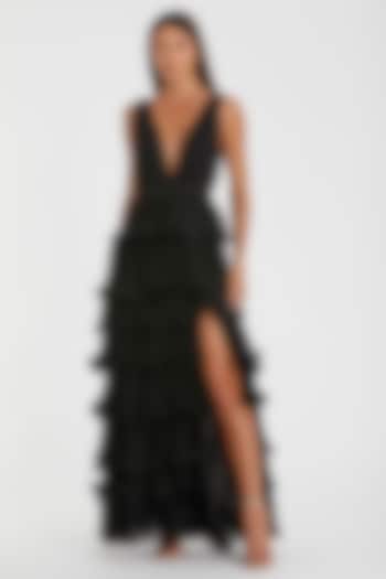 Black Chiffon Ruffled Tiered Engagement Gown by Mac Duggal at Pernia's Pop Up Shop