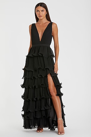 Black Chiffon Ruffled Tiered Gown by Mac Duggal