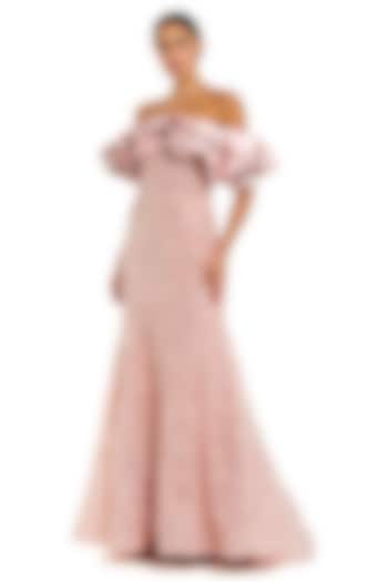 Rose Pink Polyester Embellished Off-Shoulder Wedding Gown by Mac Duggal at Pernia's Pop Up Shop