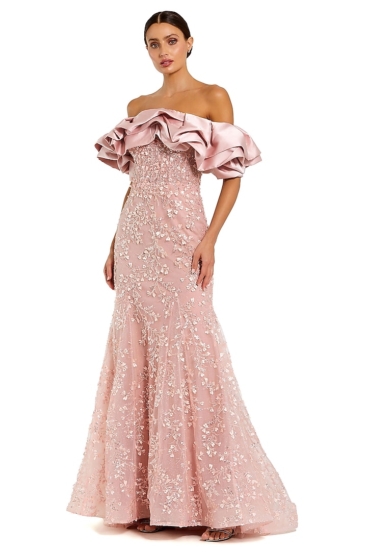 Rose Pink Polyester Embellished Off-Shoulder Wedding Gown by Mac Duggal at Pernia's Pop Up Shop