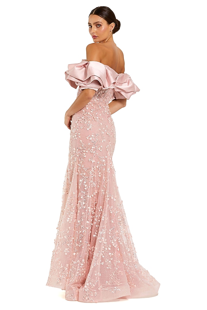 Rose Pink Polyester Embellished Off-Shoulder Wedding Gown by Mac Duggal at Pernia's Pop Up Shop