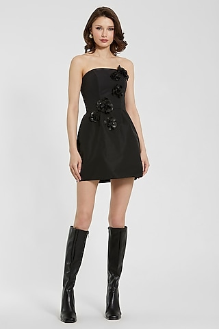 Black Polyester 3D Floral Embellished Mini Dress by Mac Duggal