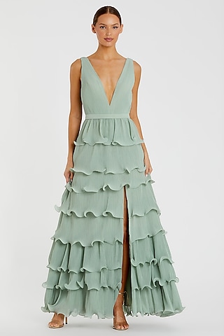 Sage Green Chiffon Ruffled Tiered Gown by Mac Duggal