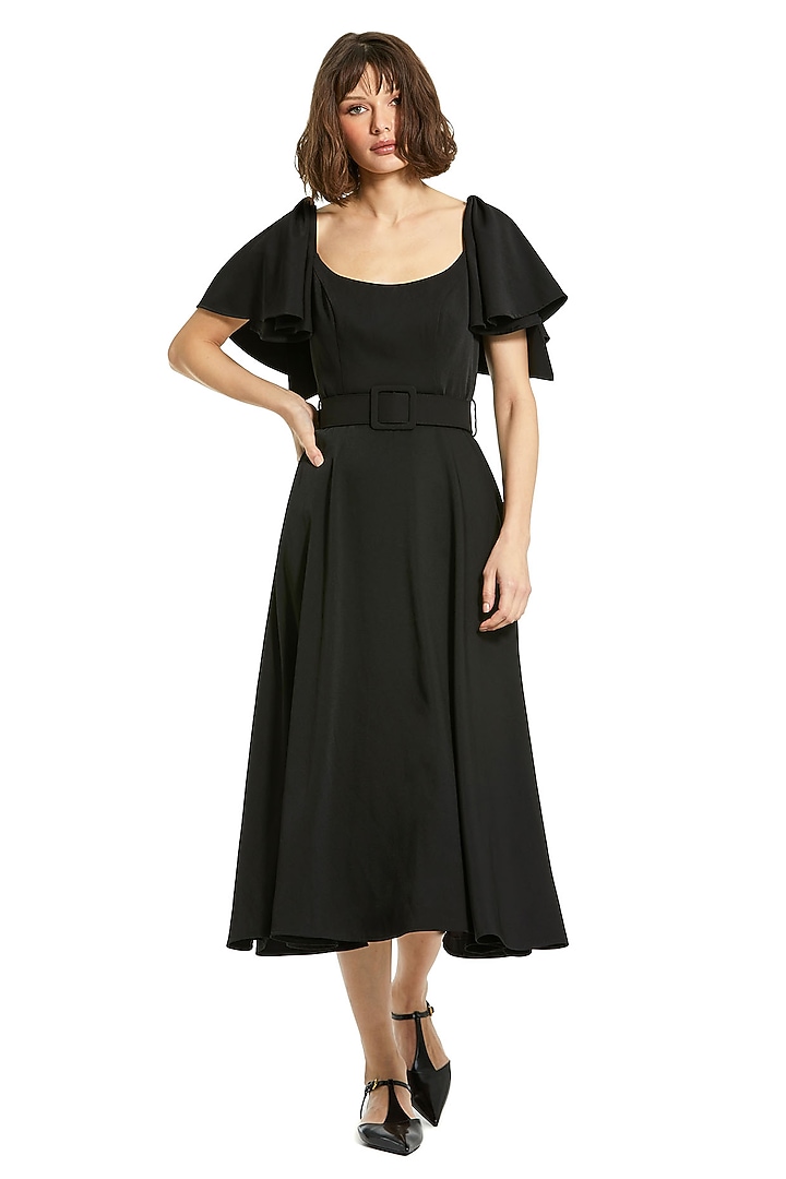 Black Polyester Ruffled Midi Cocktail Dress by Mac Duggal at Pernia's Pop Up Shop