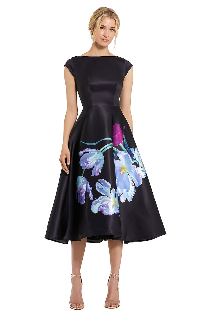 Black Polyester Floral Printed Midi Party Wear Dress by Mac Duggal at Pernia's Pop Up Shop