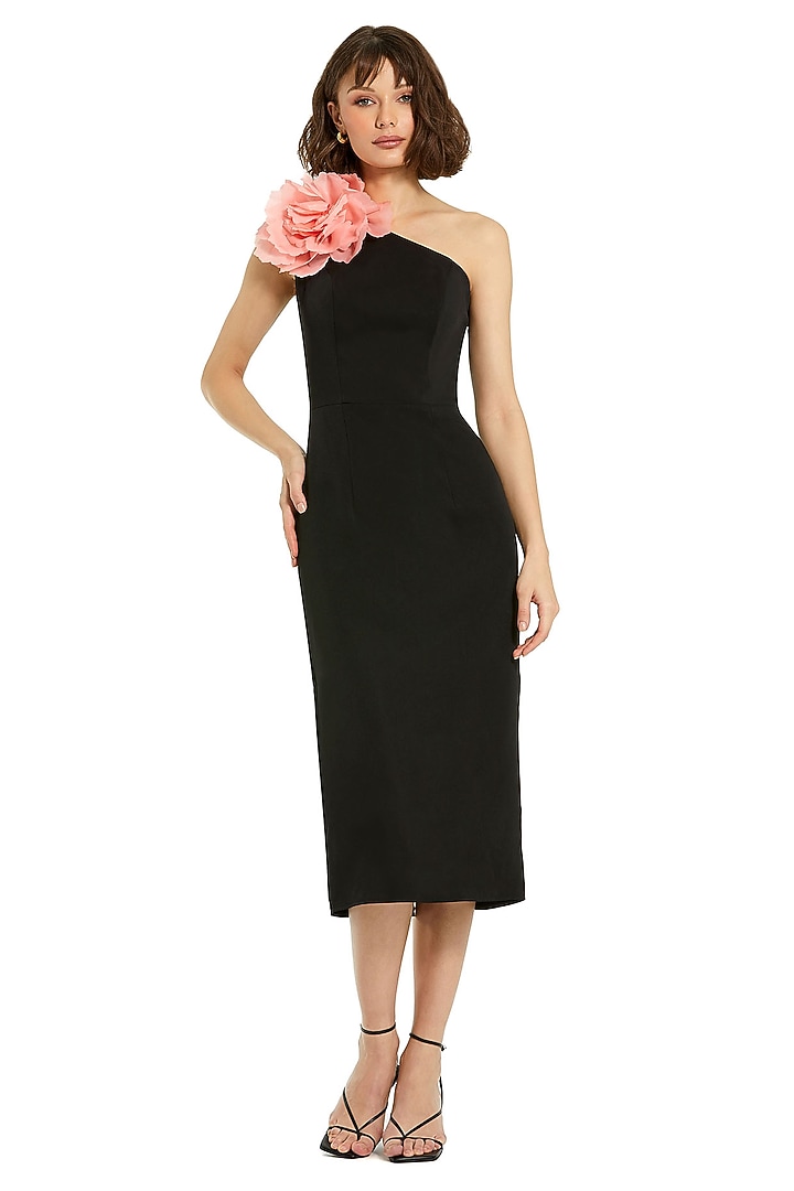 Black Polyester 3D Floral One-Shoulder Midi Cocktail Dress by Mac Duggal at Pernia's Pop Up Shop