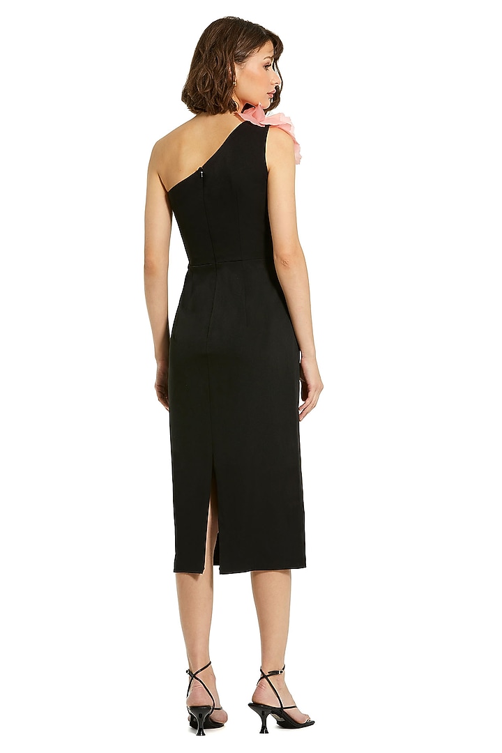 Black Polyester 3D Floral One-Shoulder Midi Cocktail Dress by Mac Duggal at Pernia's Pop Up Shop