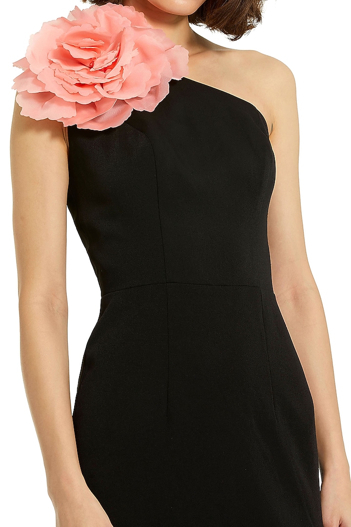 Black Polyester 3D Floral One-Shoulder Midi Cocktail Dress by Mac Duggal at Pernia's Pop Up Shop