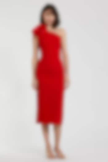 Cherry Red Polyester 3D Floral One-Shoulder Midi Party Wear Dress by Mac Duggal at Pernia's Pop Up Shop