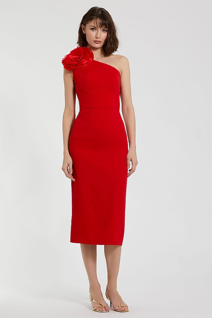 Cherry Red Polyester 3D Floral One-Shoulder Midi Party Wear Dress by Mac Duggal at Pernia's Pop Up Shop