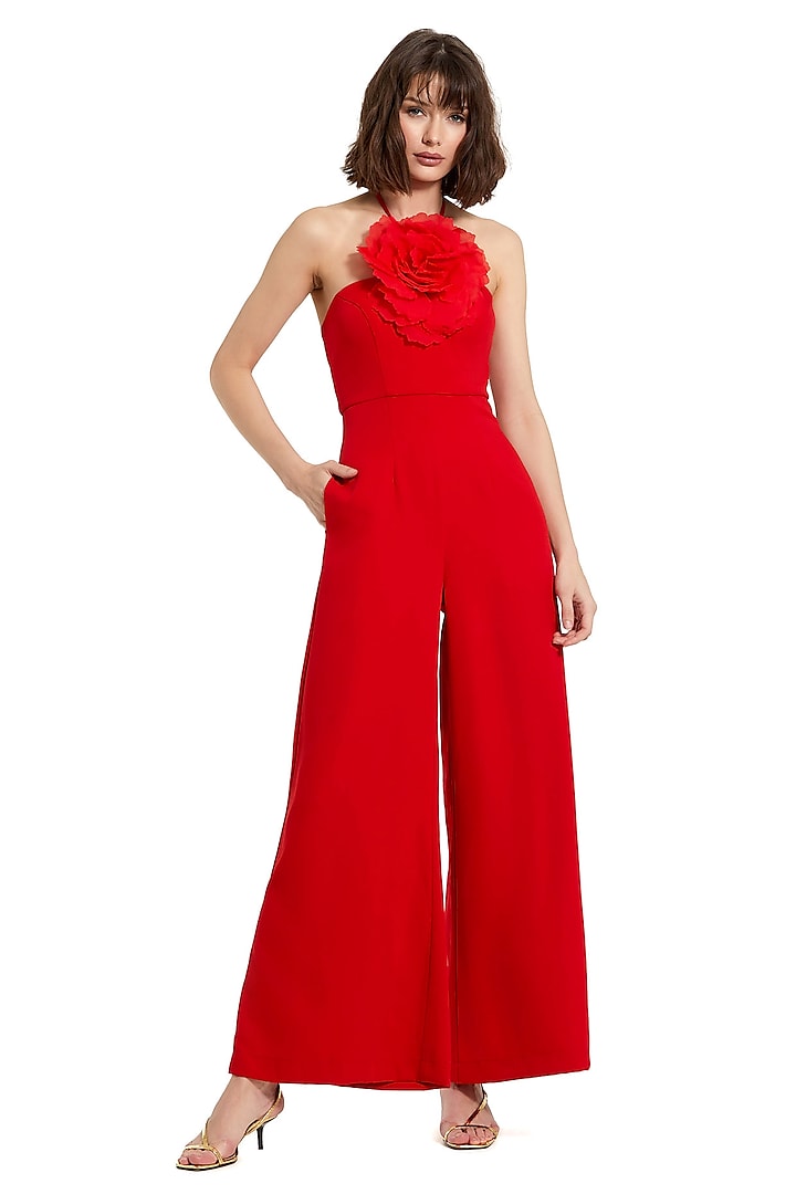 Cherry Red Polyester Halter-Neck Jumpsuit by Mac Duggal at Pernia's Pop Up Shop