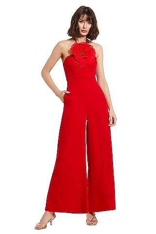 Cherry Red Polyester Halter-Neck Jumpsuit by Mac Duggal