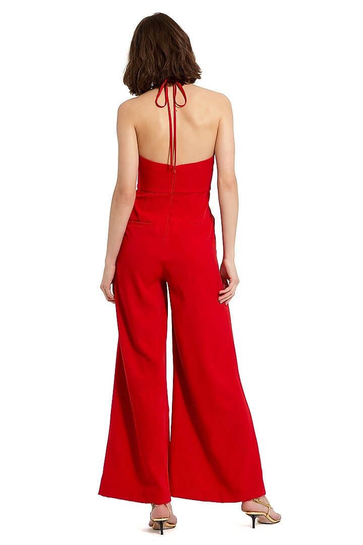 Cherry Red Polyester Halter-Neck Jumpsuit by Mac Duggal at Pernia's Pop Up Shop