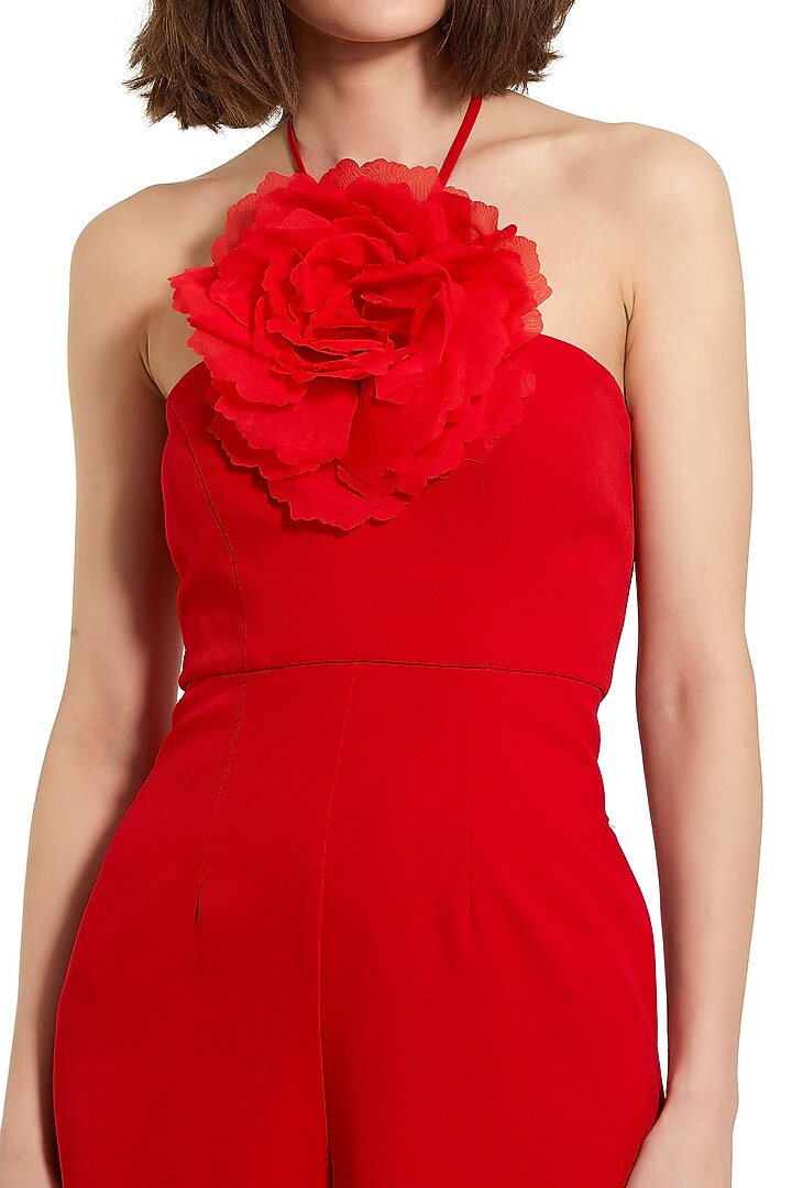Cherry Red Polyester Halter-Neck Jumpsuit by Mac Duggal at Pernia's Pop Up Shop