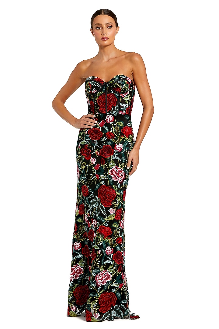 Black Polyester Floral Applique Embroidered Strapless Engagement Gown by Mac Duggal at Pernia's Pop Up Shop