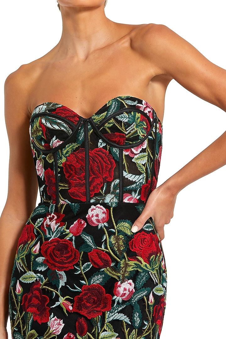Black Polyester Floral Applique Embroidered Strapless Engagement Gown by Mac Duggal at Pernia's Pop Up Shop