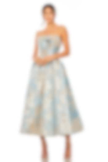 Blue Polyester Strapless Floral Midi Dress by Mac Duggal at Pernia's Pop Up Shop