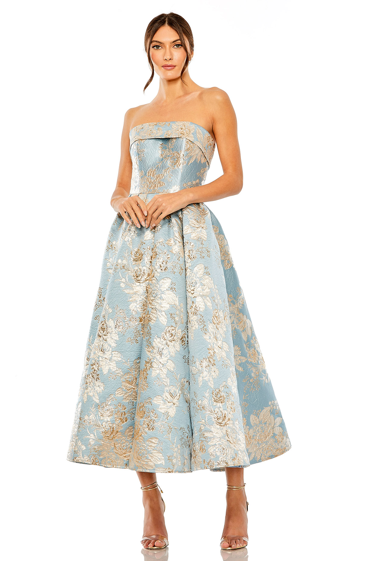Blue Polyester Strapless Floral Midi Dress by Mac Duggal at Pernia's Pop Up Shop