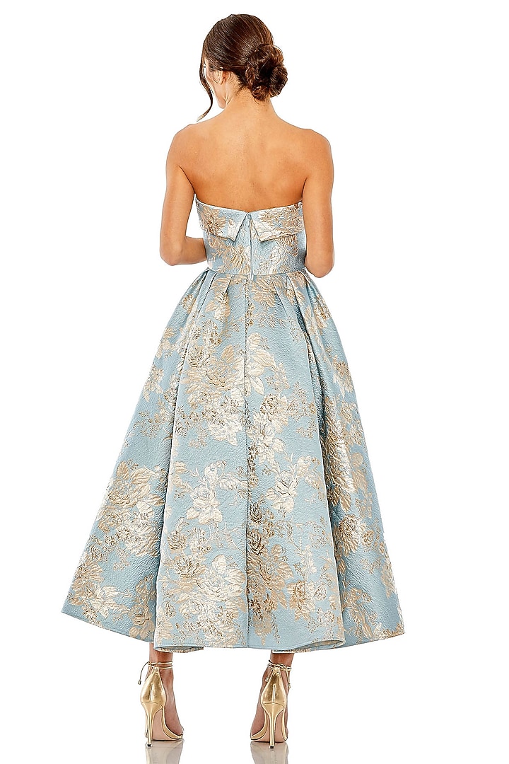 Blue Polyester Strapless Floral Midi Party Wear Dress by Mac Duggal at Pernia's Pop Up Shop