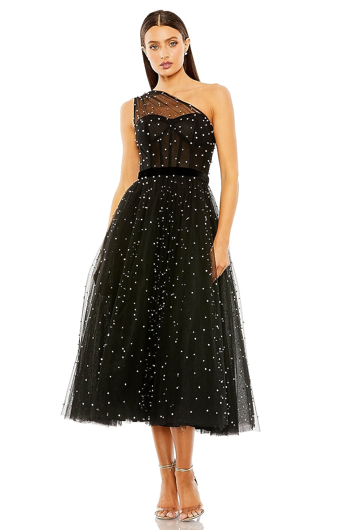 Black Polyester Pearl Embellished One-Shoulder Midi Party Wear Dress by Mac Duggal at Pernia's Pop Up Shop