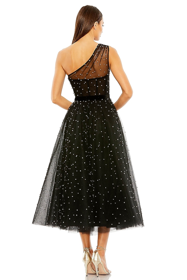 Black Polyester Pearl Embellished One-Shoulder Midi Party Wear Dress by Mac Duggal at Pernia's Pop Up Shop