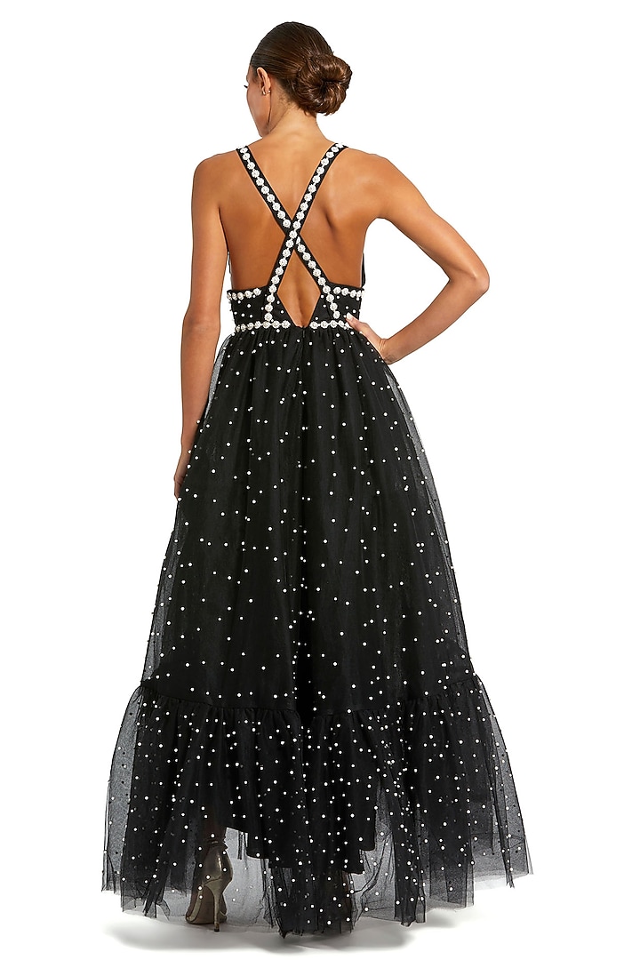 Black Polyester Pearl Embellished High-Low Engagement Gown by Mac Duggal at Pernia's Pop Up Shop