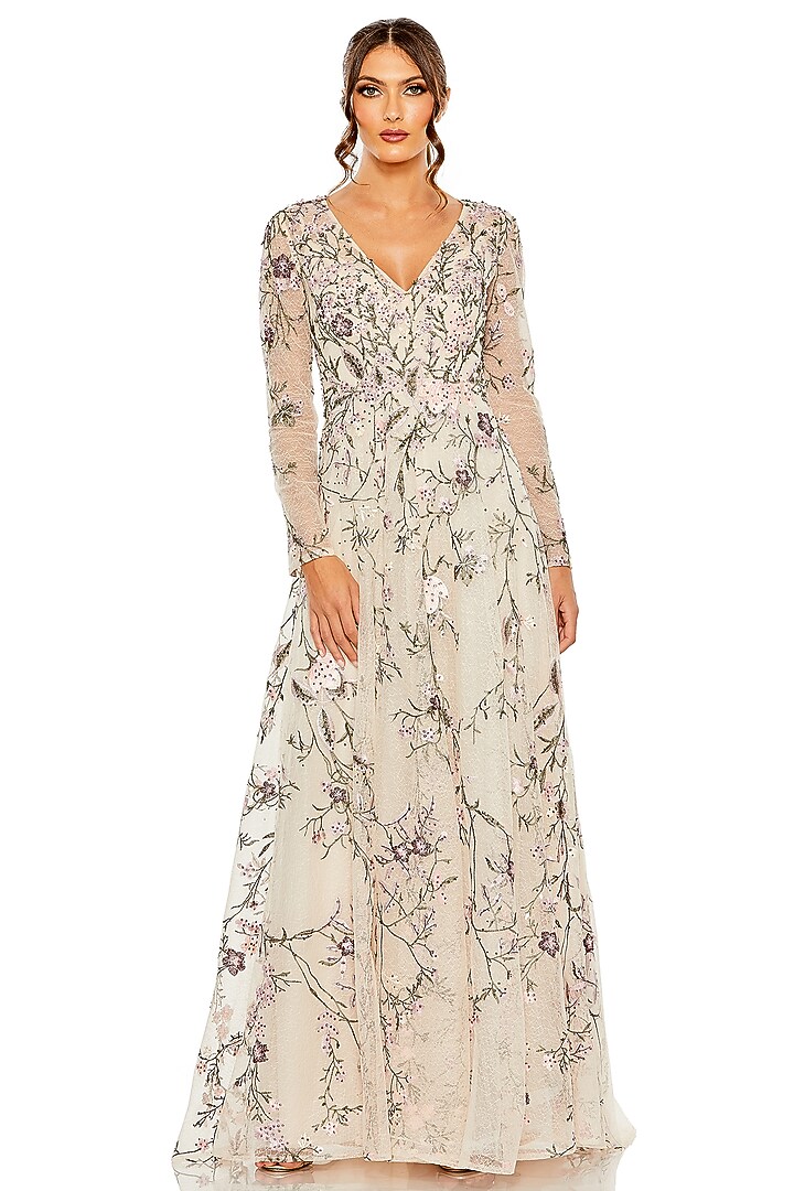 Blush Silver Polyester Floral Embroidered Wedding Gown by Mac Duggal at Pernia's Pop Up Shop