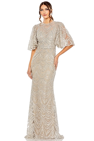 Taupe Polyetser Sequins Embellished Gown by Mac Duggal
