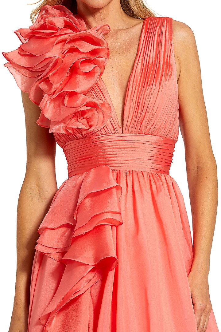 Coral Pink Chiffon Ball Engagement Gown by Mac Duggal at Pernia's Pop Up Shop