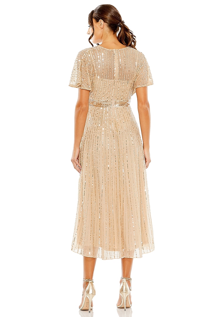 Taupe Polyester Embellished A-Line Midi Cocktail Dress by Mac Duggal at Pernia's Pop Up Shop
