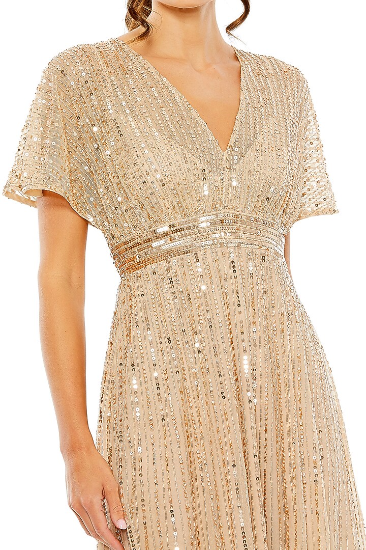 Taupe Polyester Embellished A-Line Midi Cocktail Dress by Mac Duggal at Pernia's Pop Up Shop
