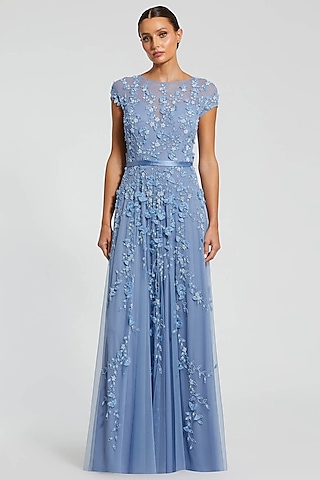 Sky Blue Polyester Embellished Gown by Mac Duggal