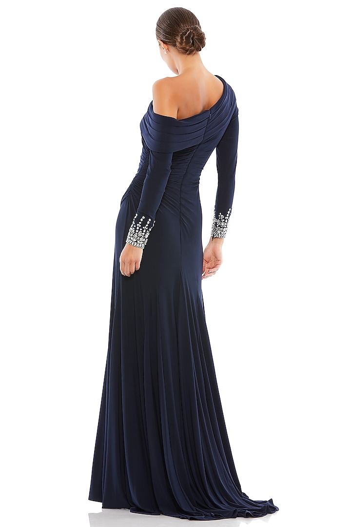 Midnight Blue Polyester Off-Shoulder Engagement Gown by Mac Duggal at Pernia's Pop Up Shop
