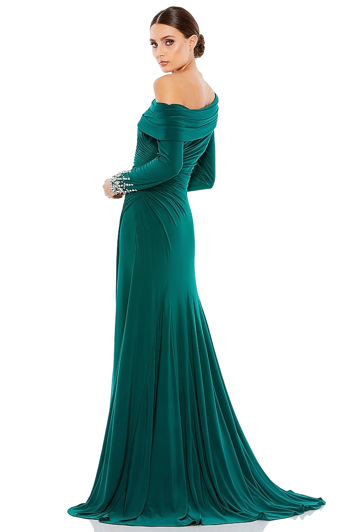 Emerald Green Polyester Off-Shoulder Engagement Gown by Mac Duggal at Pernia's Pop Up Shop