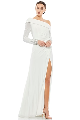 White Polyester Off-Shoulder Gown by Mac Duggal