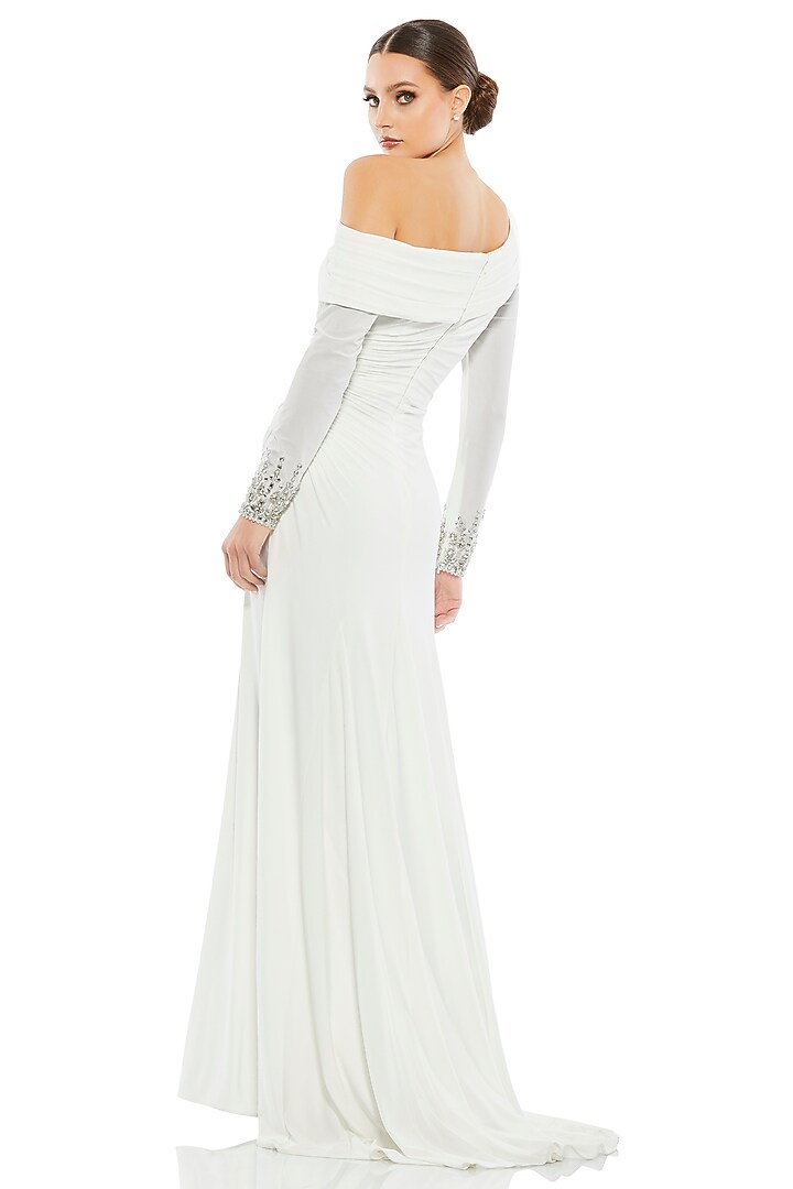 White Polyester Off-Shoulder Engagement Gown by Mac Duggal at Pernia's Pop Up Shop
