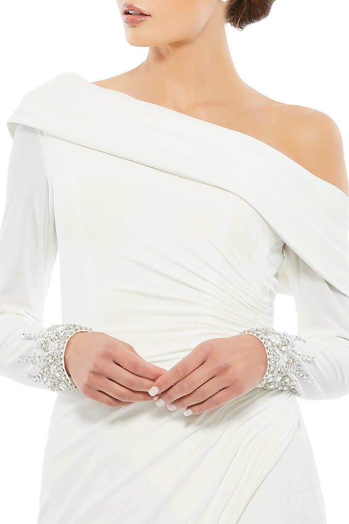 White Polyester Off-Shoulder Engagement Gown by Mac Duggal at Pernia's Pop Up Shop