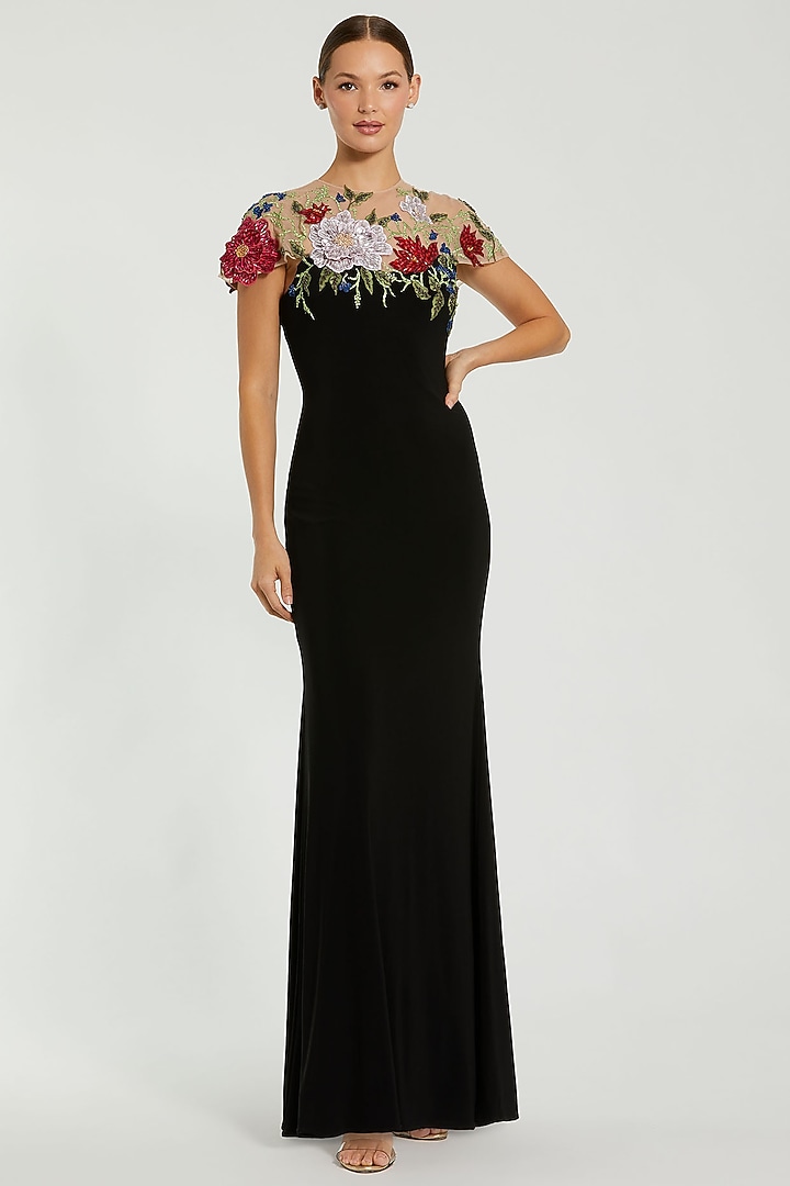 Black Polyester Floral Embellished Engagement Gown by Mac Duggal at Pernia's Pop Up Shop