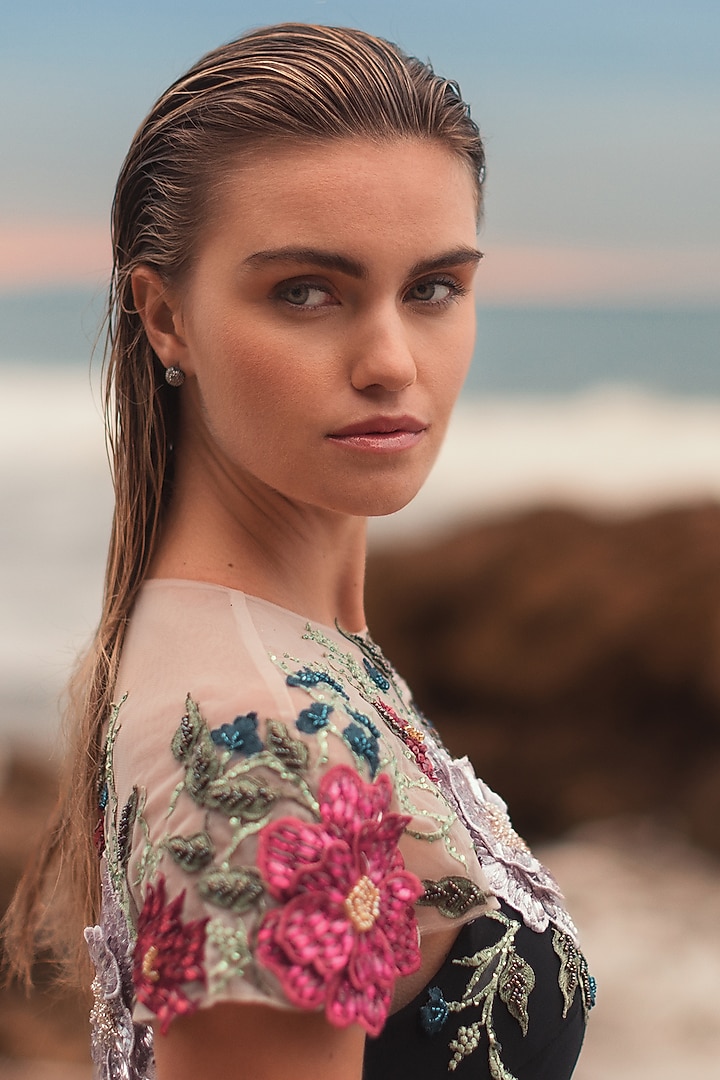Black Polyester Floral Embellished Engagement Gown by Mac Duggal at Pernia's Pop Up Shop
