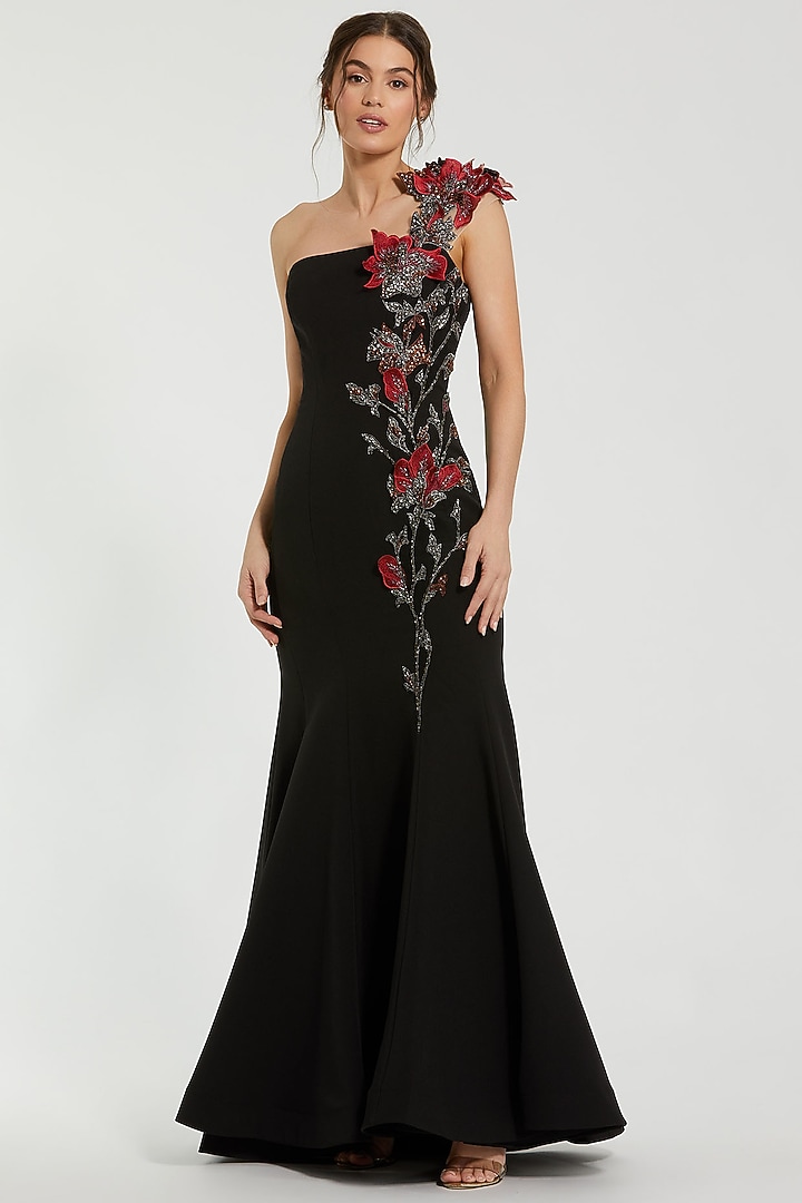 Black Polyester Floral Embroidered Off-Shoulder Wedding Gown by Mac Duggal at Pernia's Pop Up Shop