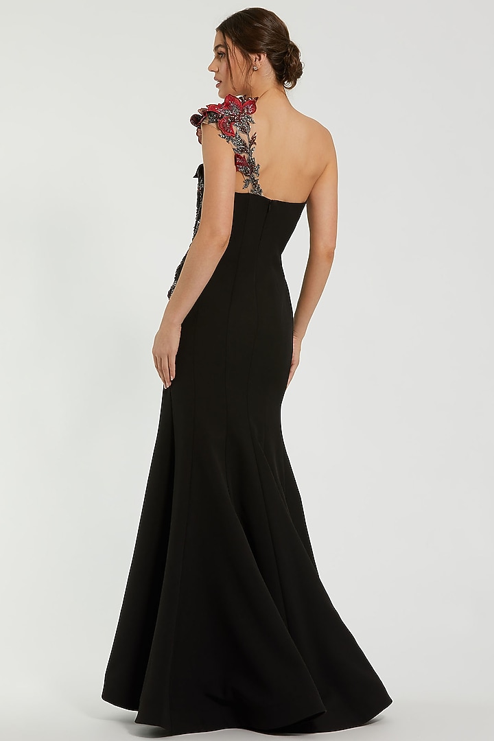 Black Polyester Floral Embroidered Off-Shoulder Wedding Gown by Mac Duggal at Pernia's Pop Up Shop