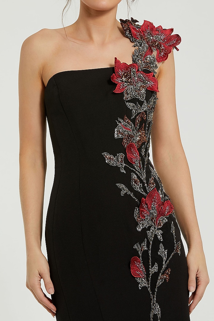Black Polyester Floral Embroidered Off-Shoulder Wedding Gown by Mac Duggal at Pernia's Pop Up Shop