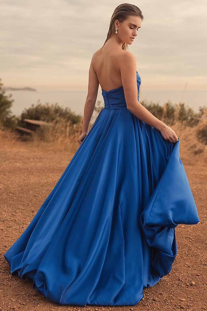 Cobalt Blue Polyester Strapless High-Low Engagement Gown by Mac Duggal at Pernia's Pop Up Shop