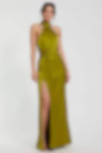 Olive Green Polyester Ruched Engagement Gown by Mac Duggal at Pernia's Pop Up Shop