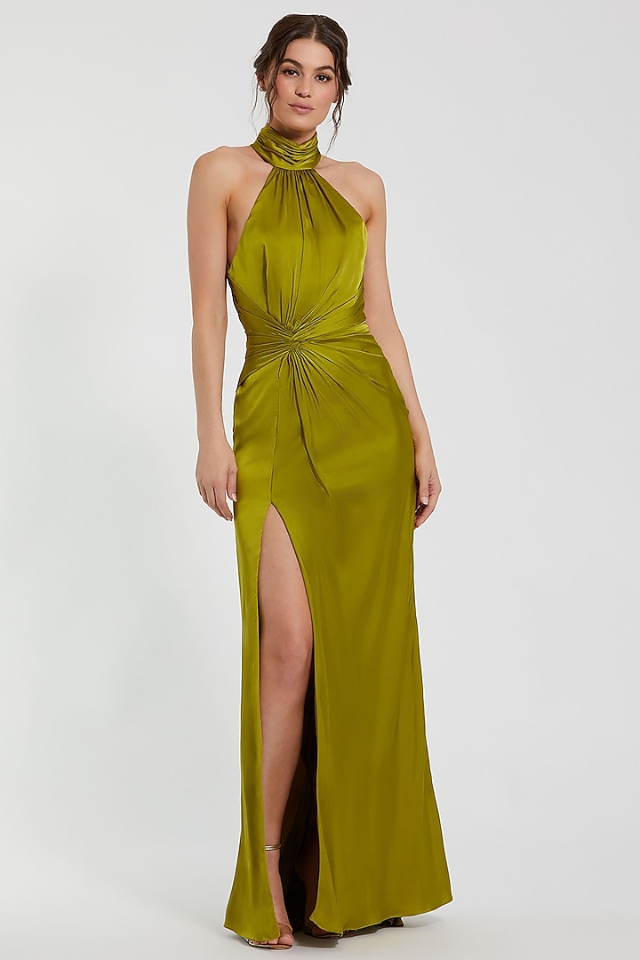 Olive Green Polyester Ruched Engagement Gown by Mac Duggal at Pernia's Pop Up Shop