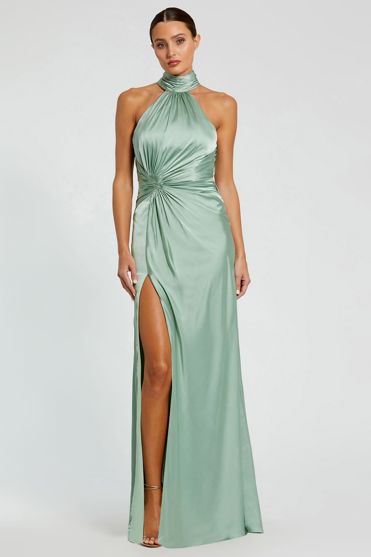 Sage Green Polyester Ruched Engagement Gown by Mac Duggal at Pernia's Pop Up Shop