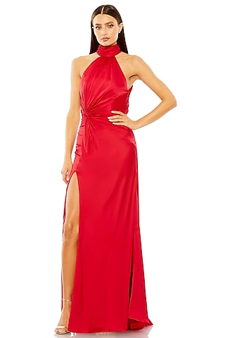 Red Polyester Ruched Gown by Mac Duggal