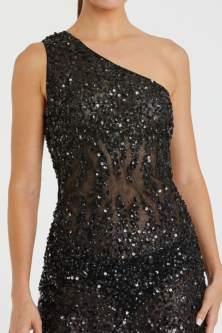Black Polyester One-Shoulder Mini Party Wear Dress by Mac Duggal at Pernia's Pop Up Shop