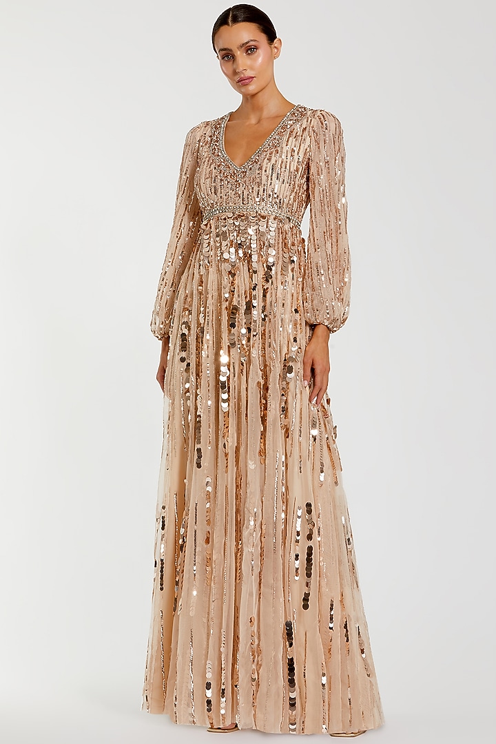 Bisque Colored Polyester Sequins Embellished Engagement Gown by Mac Duggal at Pernia's Pop Up Shop
