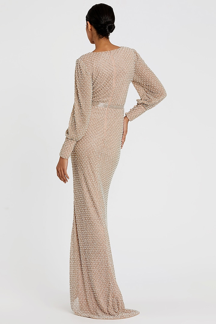 Ivory-Nude Polyester Pearl Embellished Engagement Gown by Mac Duggal at Pernia's Pop Up Shop
